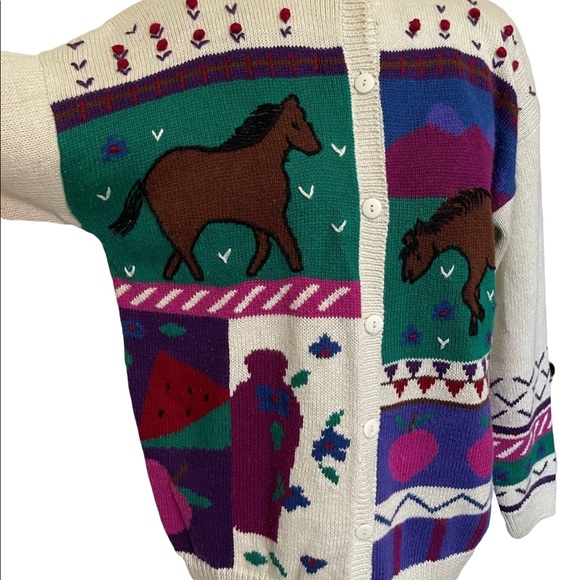 80s Vintage Cottagecore Apple Orchard Horse Cardigan - Picture 5 of 14